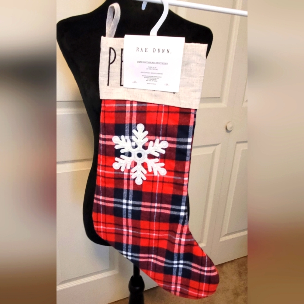 Rae Dunn Christmas Stocking Plaid PEACE Plaid Snowflake. NEW